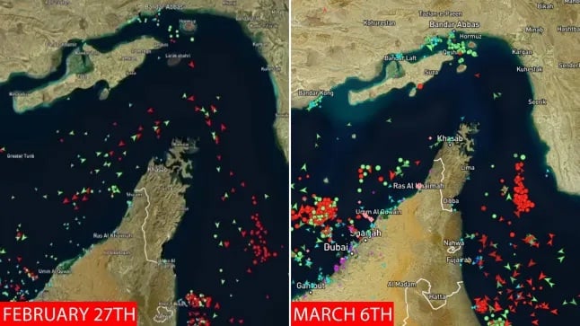 Peta satelit menunjukkan bagaimana pengiriman barang melalui Selat Hormuz praktis terhenti sejak Iran mengatakan telah menutup jalur utama tersebut. Foto/Marine Traffic
